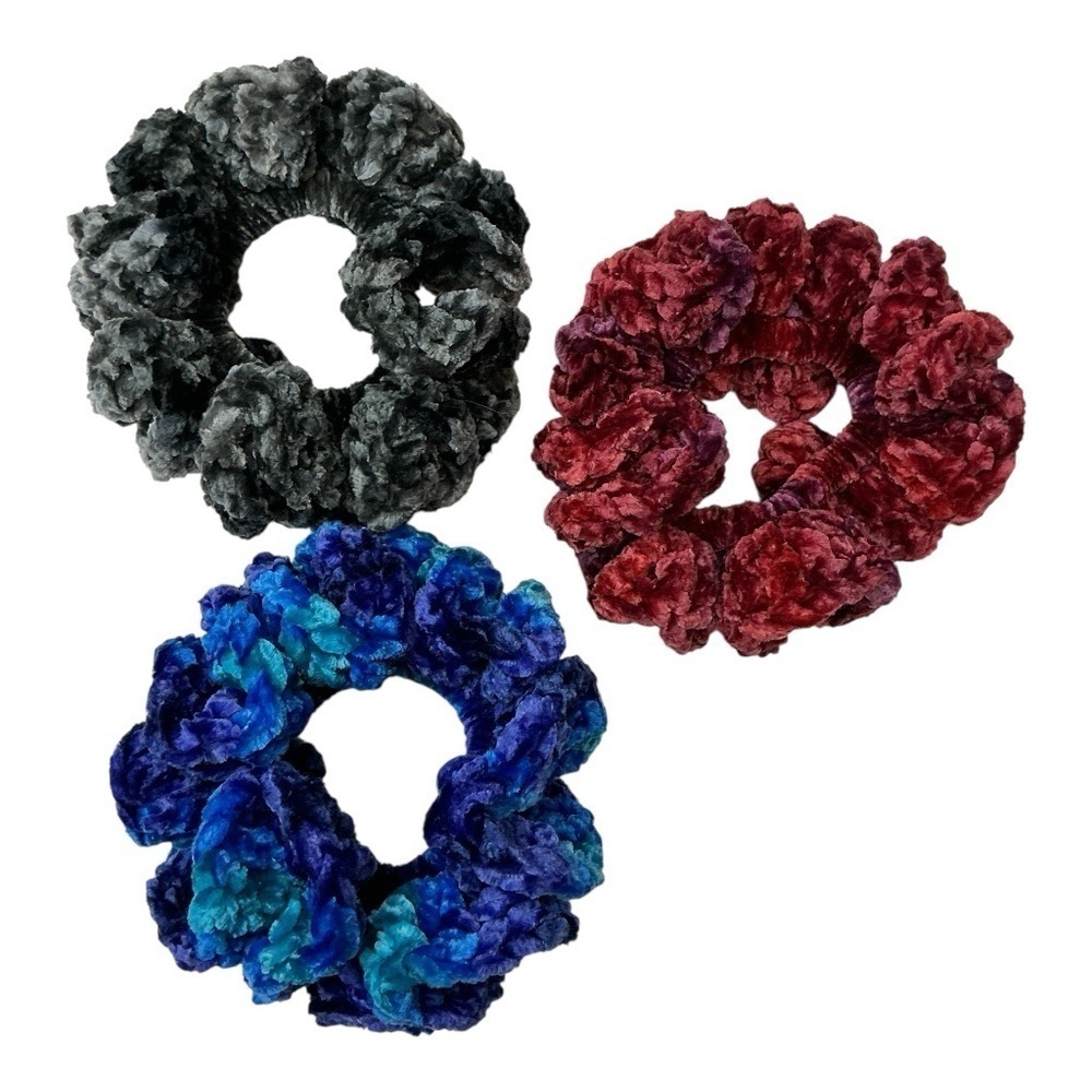 Crochet Crushed Velvet Scrunchie Set of 3 Oversized Hair Tie Plush Handmade - Picture 2 of 16